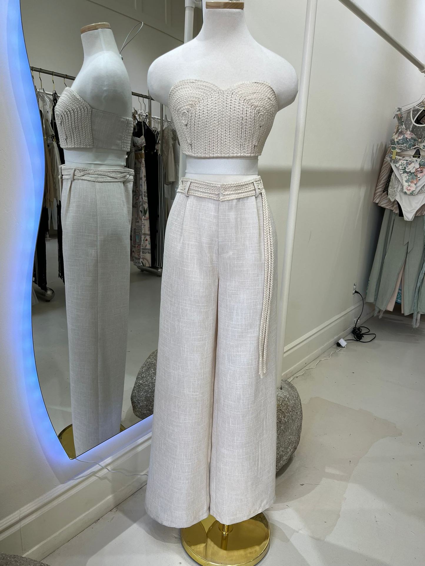 2pc set- woven rope strapless crop top & wide leg pants