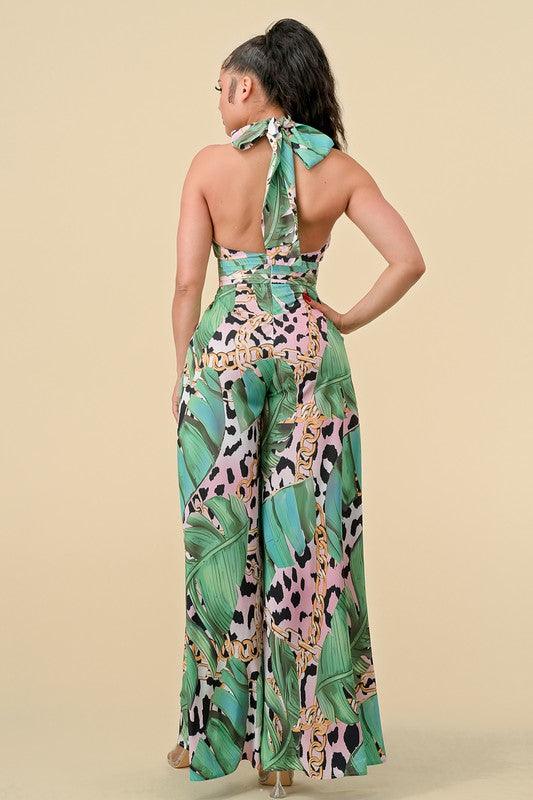 tropical & leopard print halter jumpsuit - RK Collections Boutique