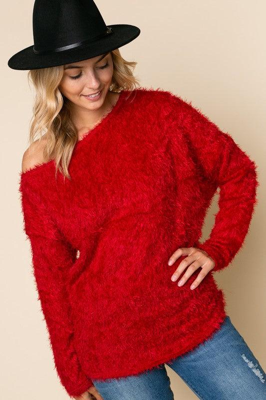 PLUS one shoulder fuzzy sweater