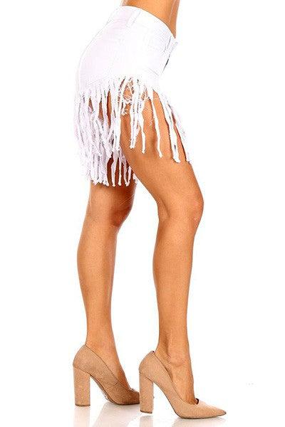 high waist stretchy fringe jean shorts - alomfejto