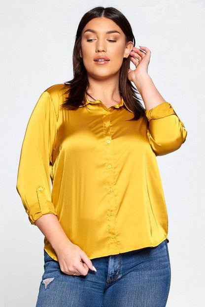 Plus Stretch Satin Button Down Collared Blouse - RK Collections Boutique