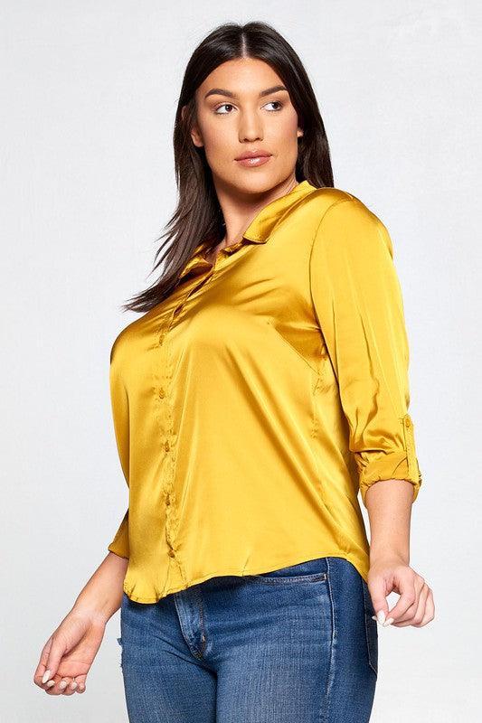 Plus Stretch Satin Button Down Collared Blouse - RK Collections Boutique