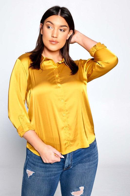 Plus Stretch Satin Button Down Collared Blouse