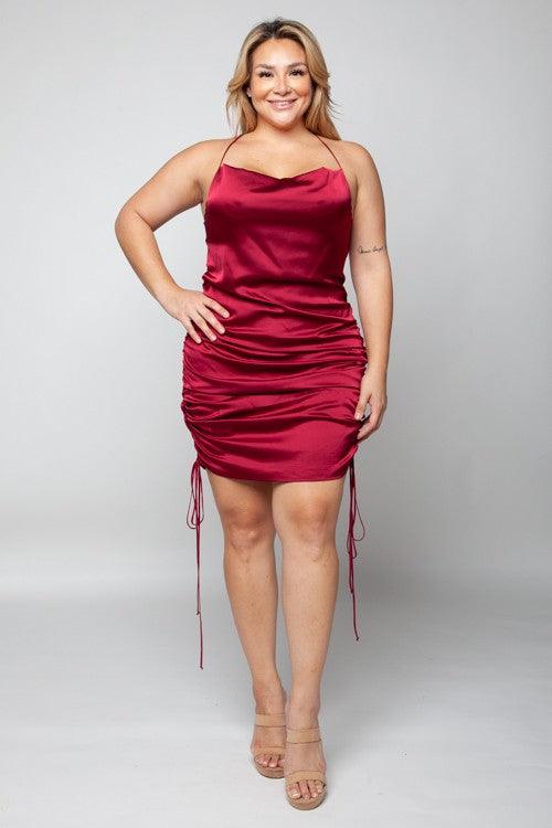 PLUS sleeveless satin side ruched mini dress - RK Collections Boutique