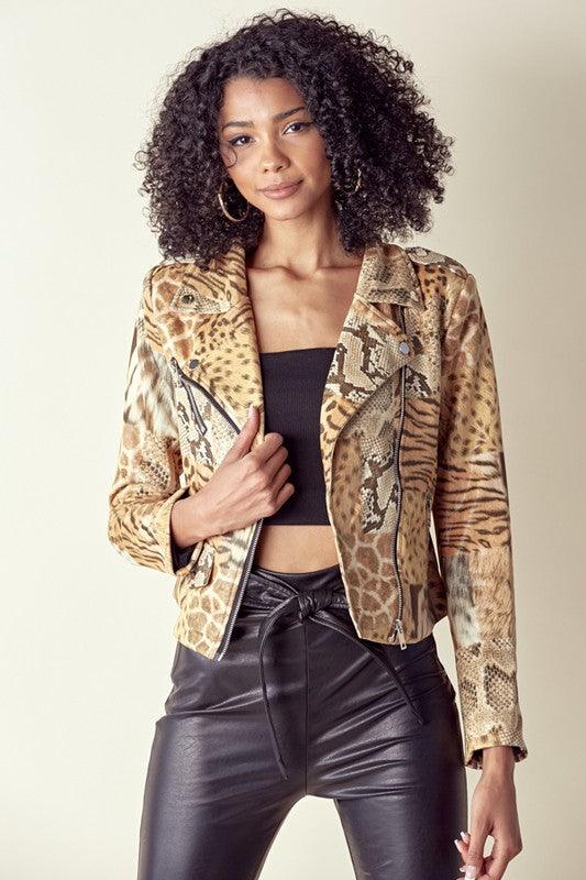 Animal Print Suede Texture Moto Jacket - RK Collections Boutique
