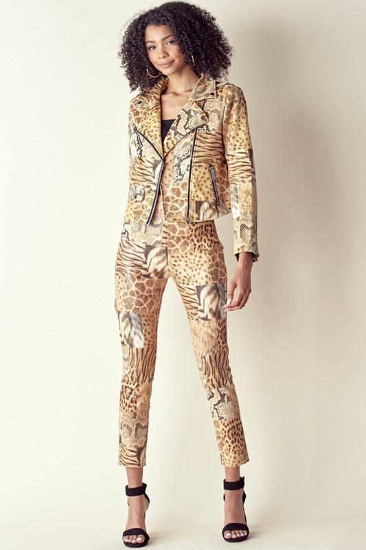 Animal Print Patch Suede High Waist Long Pants - RK Collections Boutique