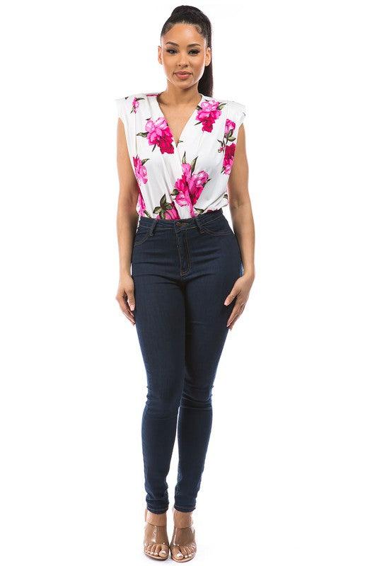 floral sleeveless surplice bodysuit - RK Collections Boutique