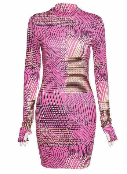 print slinky mock neck long sleeve mini dress - RK Collections Boutique