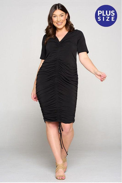PLUS Ruched center drawstring short sleeve dress - RK Collections Boutique