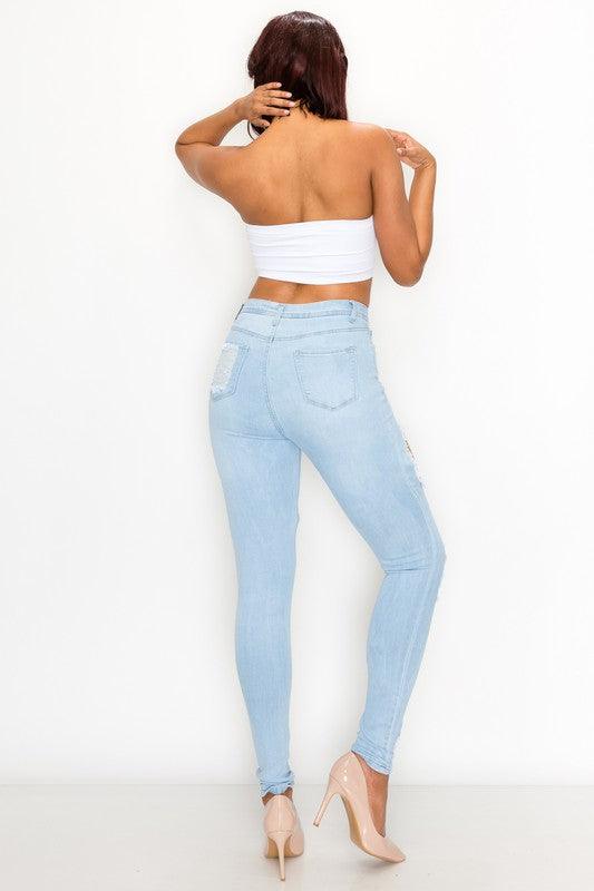 LO-171 high waist stretch rips & holes skinny jeans - RK Collections Boutique