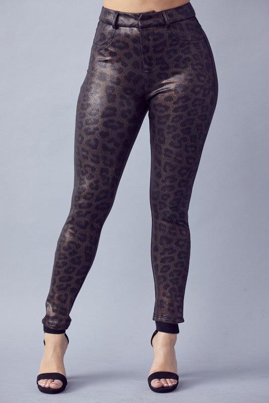 shiny leopard high waist skinny pants