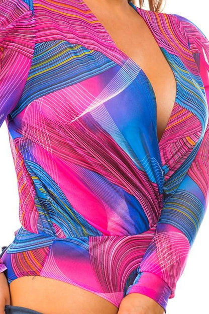 PLUS mesh swirl print surplice bodysuit - RK Collections Boutique