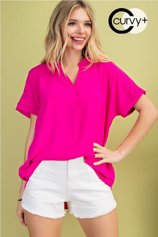 PLUS v-neck short sleeve woven top - RK Collections Boutique
