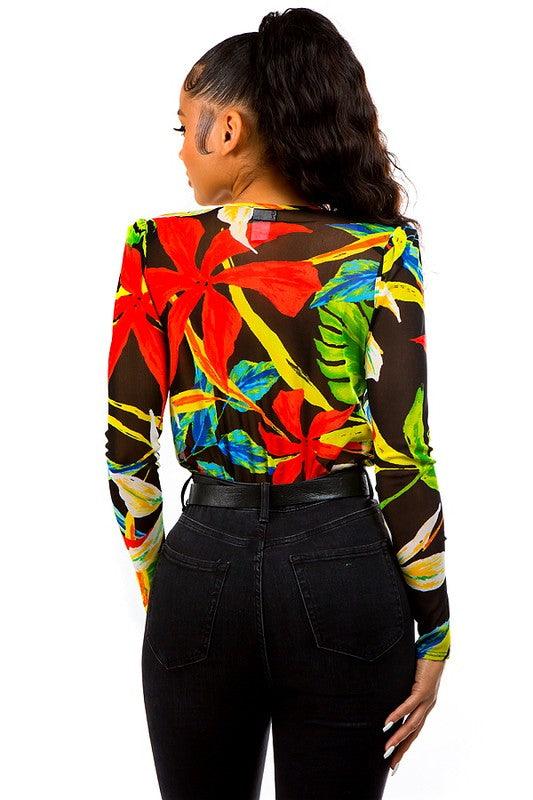 tropical leaf print surplice bodysuit - RK Collections Boutique