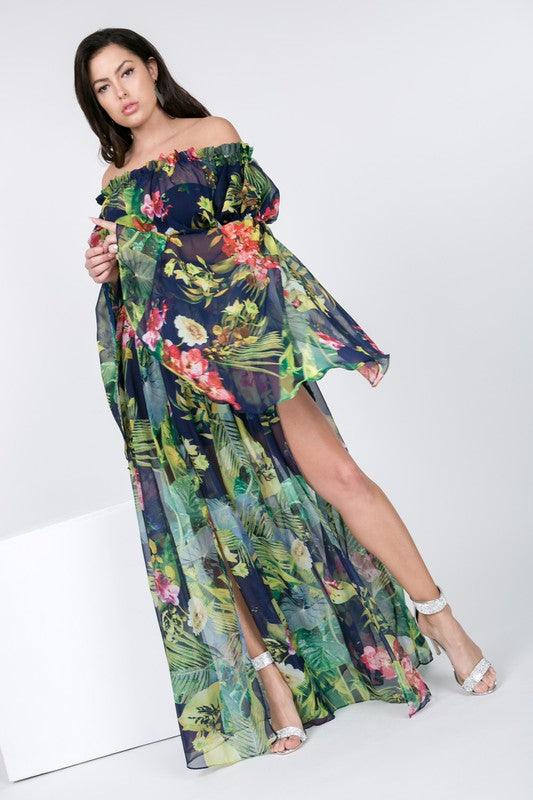 PLUS high slits tropical floral maxi dress