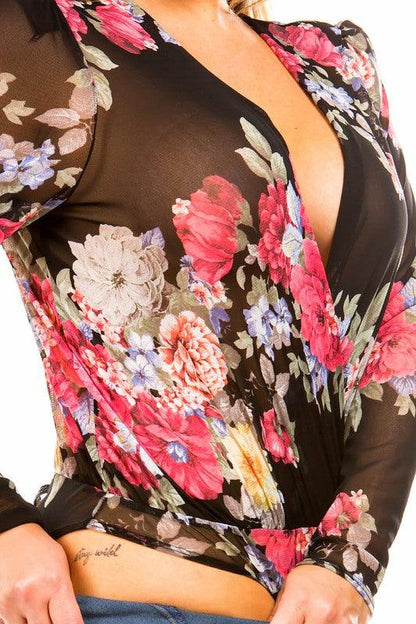 PLUS mesh floral & surplice bodysuit - RK Collections Boutique