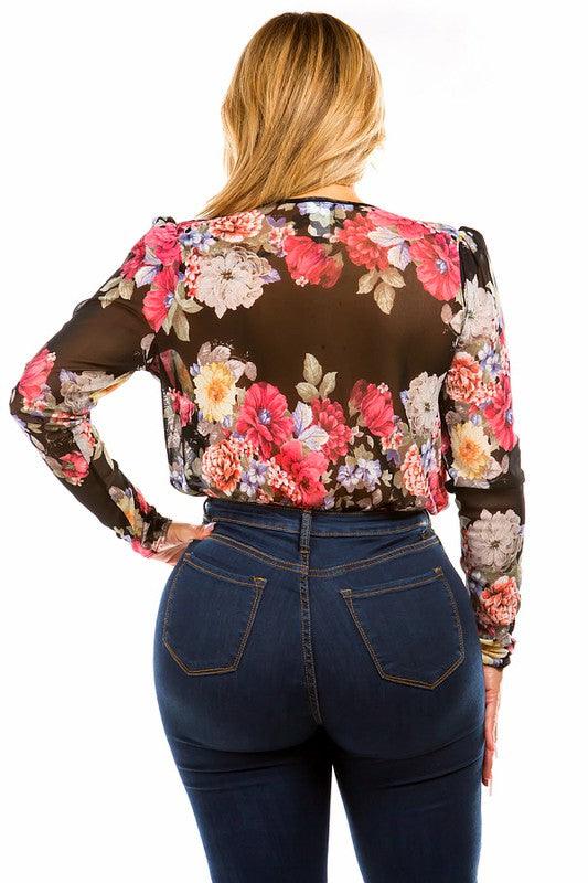 PLUS mesh floral & surplice bodysuit - RK Collections Boutique