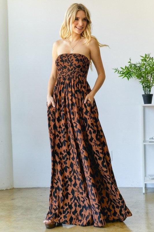 Animal Print Smocked Tube Wide Leg Jumpsuit - RK Collections Boutique