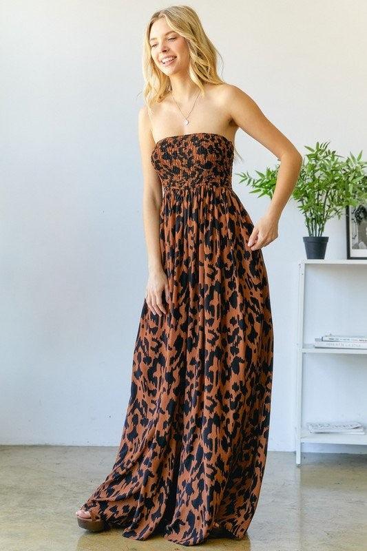 Animal Print Smocked Tube Wide Leg Jumpsuit - RK Collections Boutique