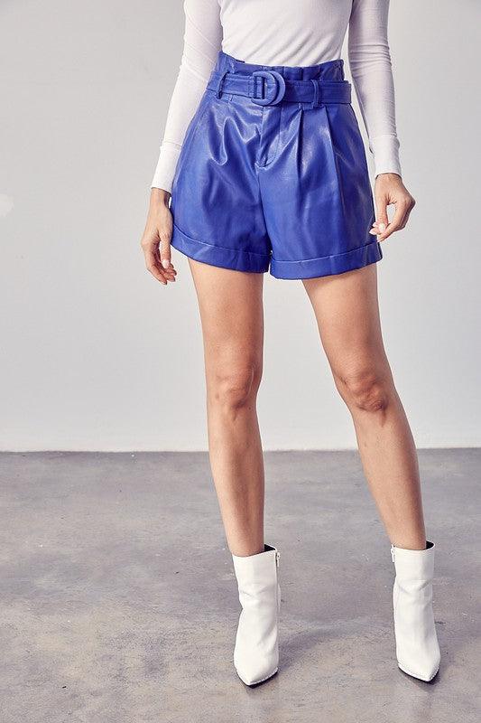 high waist belted faux leather shorts