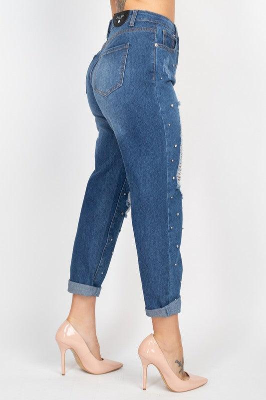 Rhinestones Ripped-Front Denim Jeans - RK Collections Boutique