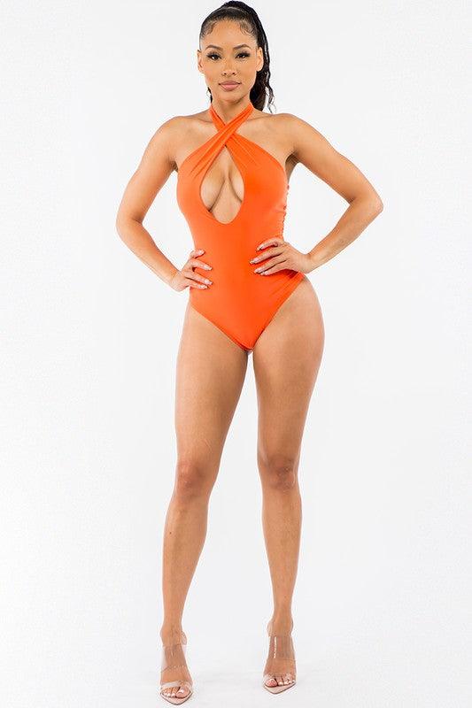 Halter Cross Lined Snap Button Bodysuit - RK Collections Boutique