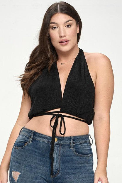 PLUS V Neck Tie Back Cropped Halter Top - RK Collections Boutique