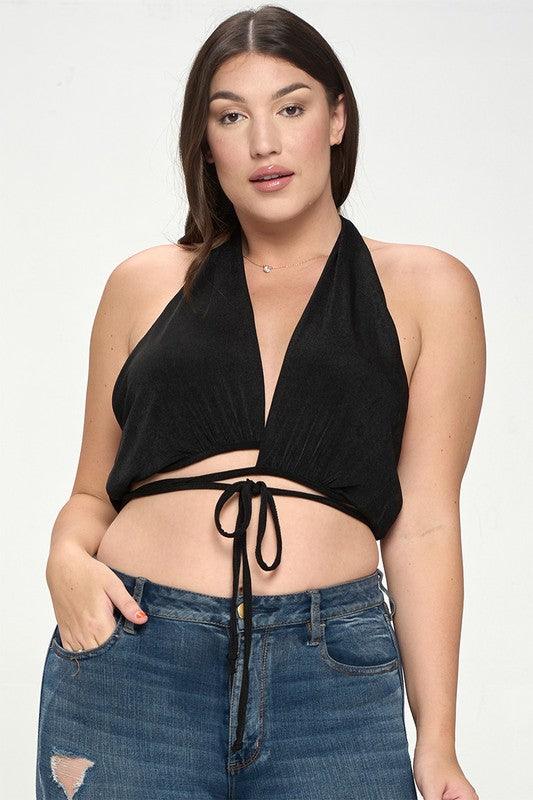 PLUS V Neck Tie Back Cropped Halter Top - RK Collections Boutique