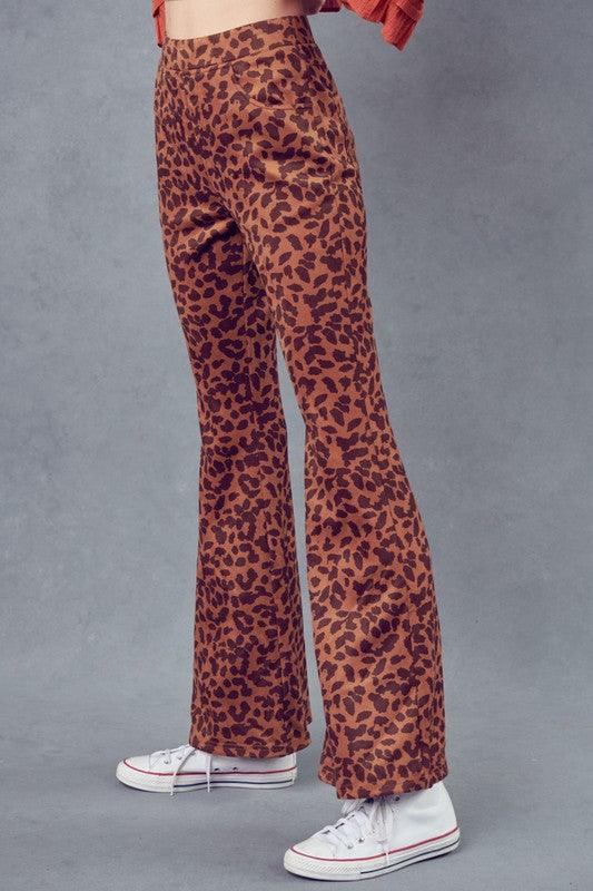 suede leopard flare pants