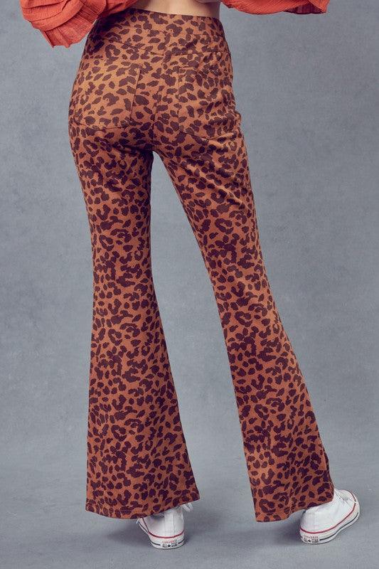 suede leopard flare pants