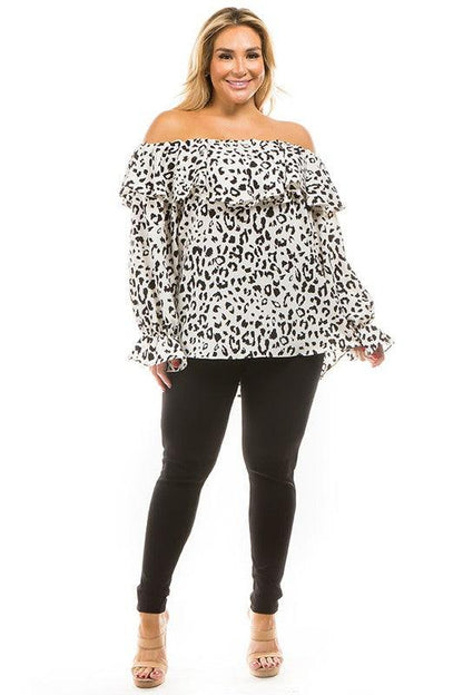 leopard print off shoulder long sleeve top - RK Collections Boutique