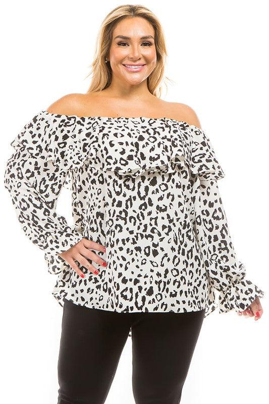 leopard print off shoulder long sleeve top - RK Collections Boutique