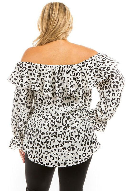 leopard print off shoulder long sleeve top - alomfejto