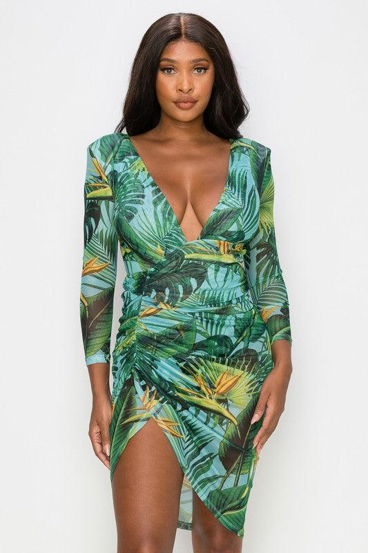 tropical mesh v-neck bodycon dress - RK Collections Boutique