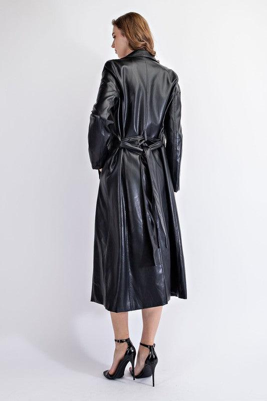 Faux Leather Double Breasted Trench Coat