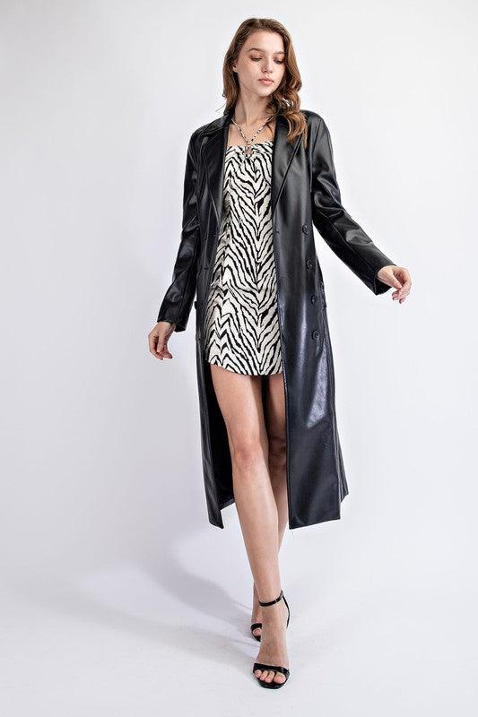 Faux Leather Double Breasted Trench Coat - alomfejto