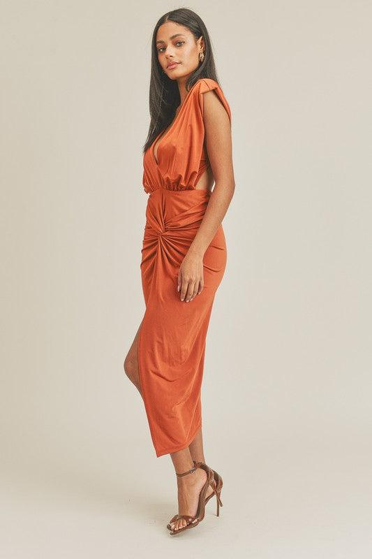 open back deep v neck knot front midi dress - RK Collections Boutique