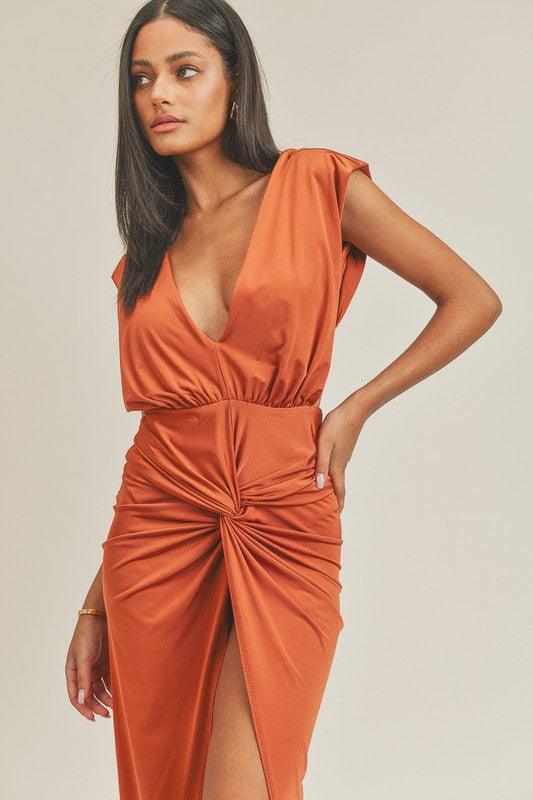 open back deep v neck knot front midi dress - RK Collections Boutique