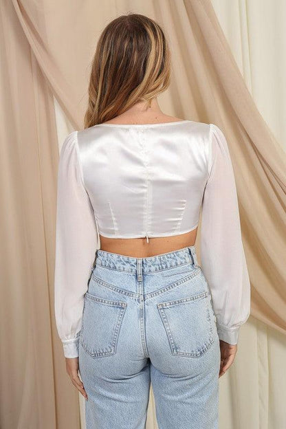 long sleeve satin crop top w/padded bra - RK Collections Boutique