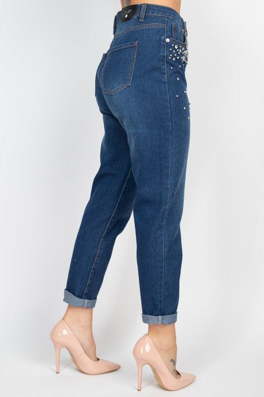 Rhinestones Denim Mom Jeans - RK Collections Boutique