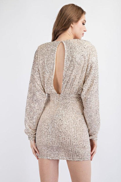 V Neck Long Sleeve Sequin Mini Dress - RK Collections Boutique