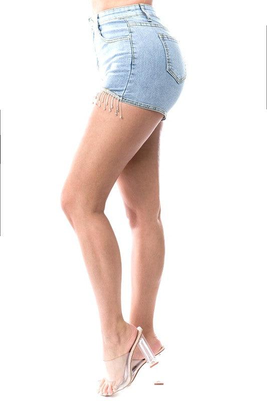 bling tassel trim jean shorts