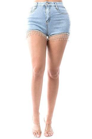 bling tassel trim jean shorts