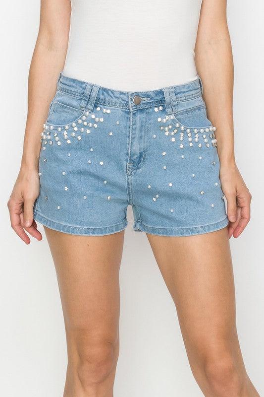 Pearl & rhinestone embellished denim shorts