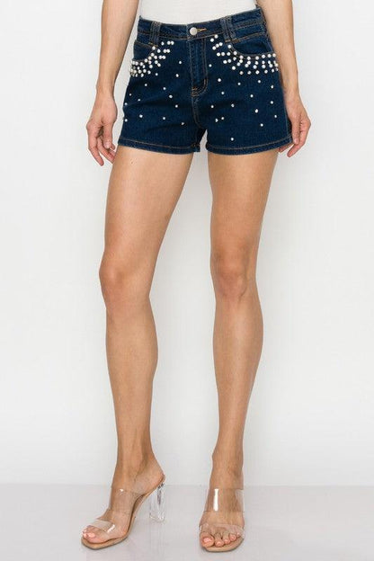 Pearl & rhinestone embellished denim shorts - RK Collections Boutique