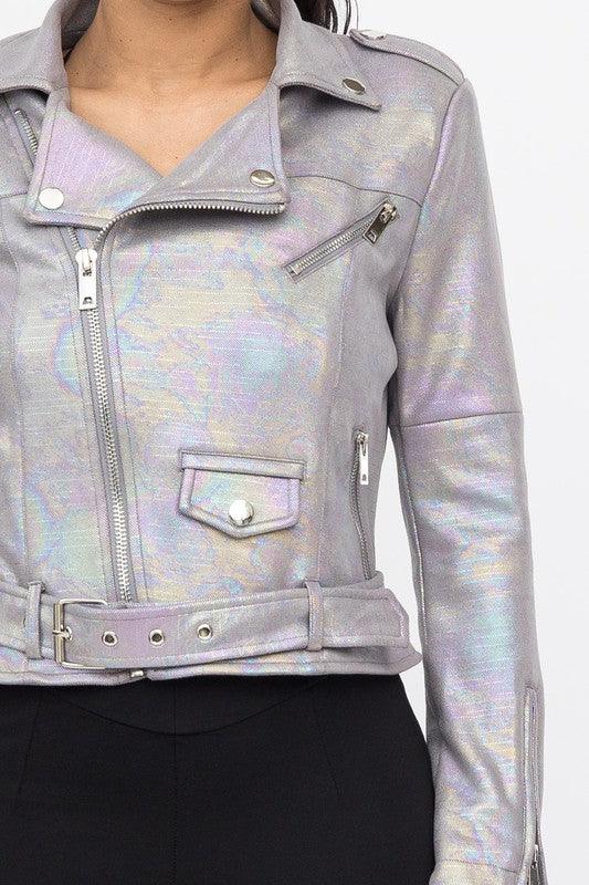 Shimmery Asymmetrical Zipper Waist Belt Jacket - RK Collections Boutique