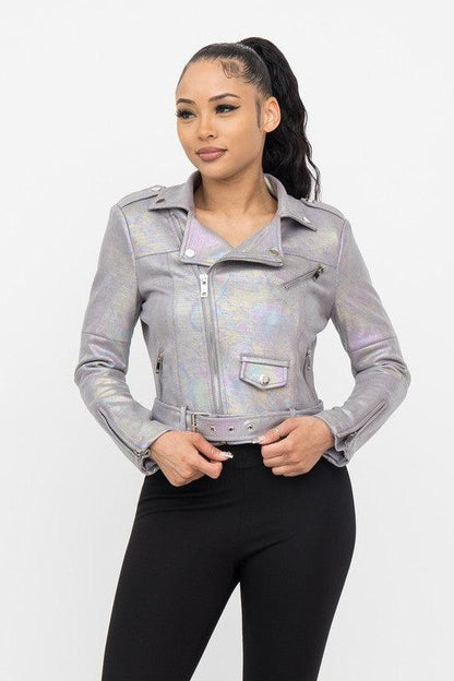 Shimmery Asymmetrical Zipper Waist Belt Jacket - alomfejto