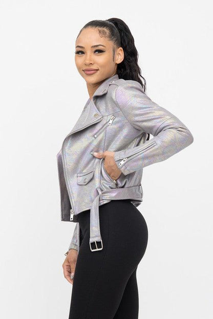 Shimmery Asymmetrical Zipper Waist Belt Jacket - alomfejto