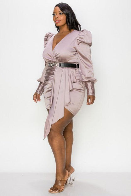PLUS satin surplice belted puff sleeve dress - RK Collections Boutique