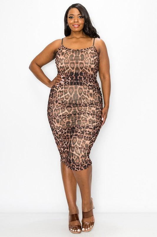 PLUS leopard ruched midi sleeveless dress - RK Collections Boutique